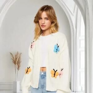 Womens Luna Ivy Cardigan 3-D Butterflies Cream Button front Cardigan
